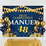 Cartel Feliz Cumpleaños, (Nombre y Edad Personalizable), Tamaño 100x80cm, Papel 180gr, Decoración de Fiestas, Azul y Dorado