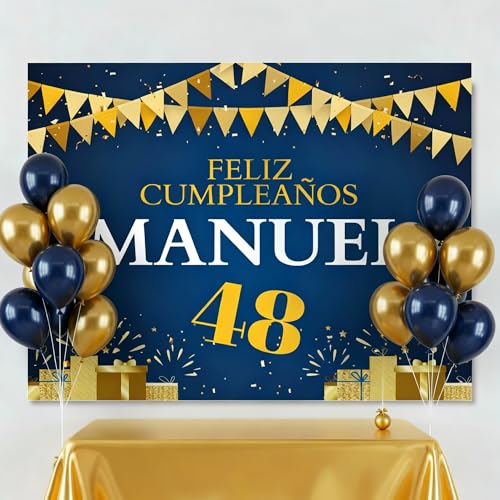 Cartel Feliz Cumpleaños, (Nombre y Edad Personalizable), Tamaño 100x80cm, Papel 180gr, Decoración de Fiestas, Azul y Dorado