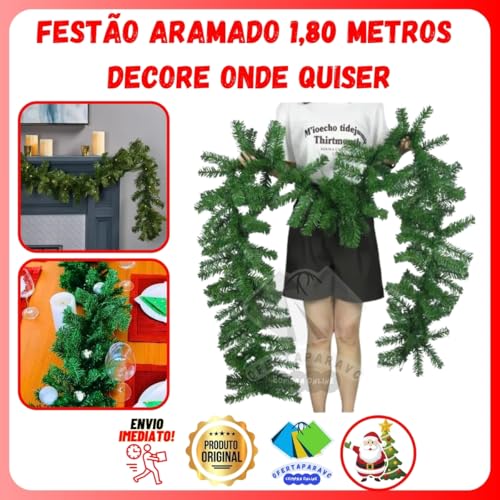 Festão Aramado Verde Decoração Natal Com 1,80 Metros Árvore de Evento Natalino Festa Enfeite Luxo