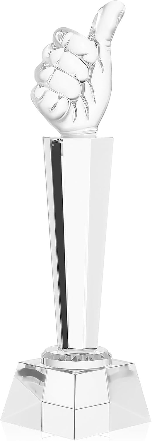 Crystal Glass Trophy Award 26x6.7cm, Engraved Glass Trophy with Thumbs up Hand Gesture, Sports Competition Prize and Party Favor