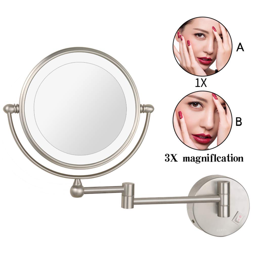 SHAUNI Espejos de Maquillaje montados en la Pared, Interruptor de níquel Extensible for Afeitado con Aumento de Doble Cara de 8 Pulgadas, Enchufe eléctrico (Color : 3X)