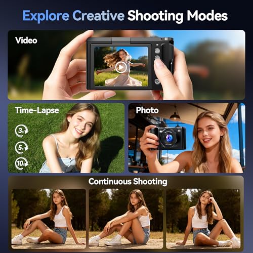 Digitalkamera 4K Kamera Fotokamera 56MP: 3 Zoll 180° Flip-Bildschirm Digital Kamera with Moduswahlrad für Vlog - Vintage Fotokamera Kinder - Geschenke für Teenager Junge Mädchen 8-16 Jahre Schwarz
