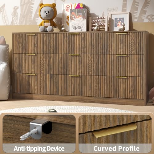 Image of Fluted Wood Dresser for Bedroom,63 inch Wide 9 Drawer Dresser Mid Century Chest of Drawers Wooden with Gold Handles,Dressers TV Stand Storage Organizer for Closet,Bedroom,Living Room, Walnut