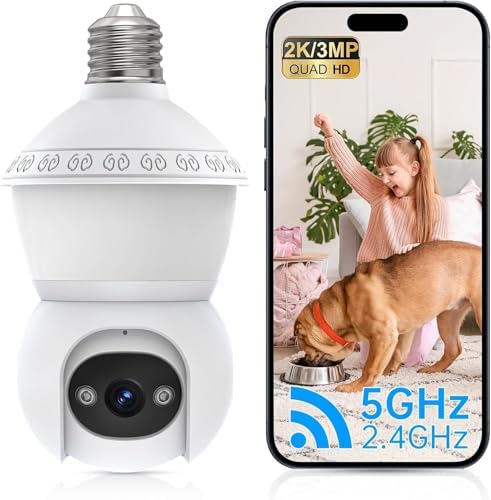 Light Bulb Security Camera, 2.4G/5GHz WiFi 2K Security Cameras Wireless Outdoor Indoor,Bulb Cameras for Home Security,AI Human Detection,Siren Alarm,2 Way Talk,Color Night Vision,Compatible with Alexa