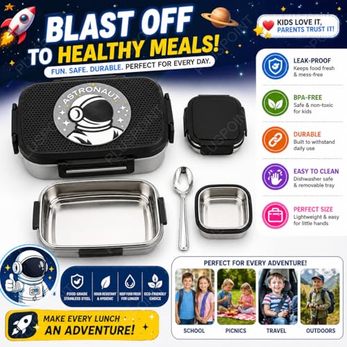 Image of PLUSPOINT Big Steel Lunch Box Space Theme Stainless Steel Lunch Box with Inner Separate Veg Box | Leak Proof and Break Resistant | Tiffin for Kids, Adults with Snap Lock | Ideal for Kids