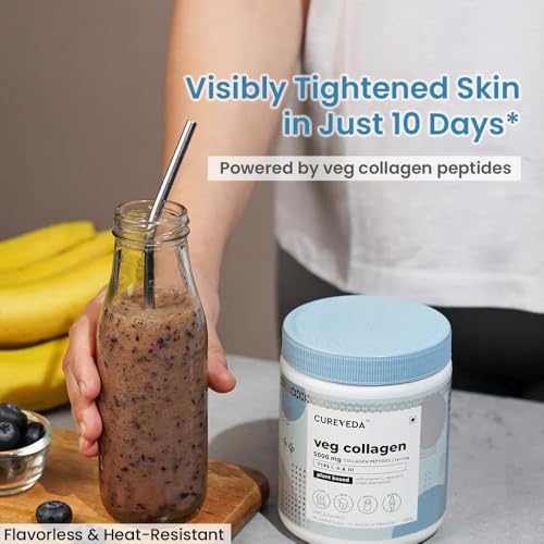 Image of Cureveda Veg Collagen 5000mg Collagen Peptide with added Vitamin C & E, Grapeseed Extract For Healthy Skin, Hair & Nails | Men & Women - 150 gm Powder Unflavoured