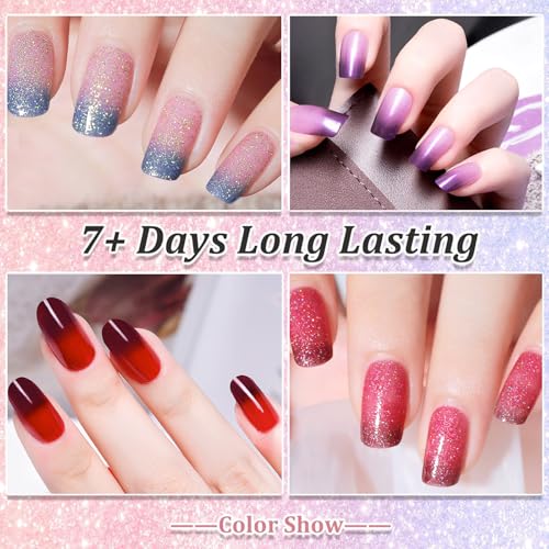 Colour Changing Nail Polish Set, Nail Polish Sets Quick Dry 4Pcs, Temperature Reactive Chameleon Rainbow Glitter Nail Varnish Long Lasting, Non UV Lamp Required with Purple Red Pink