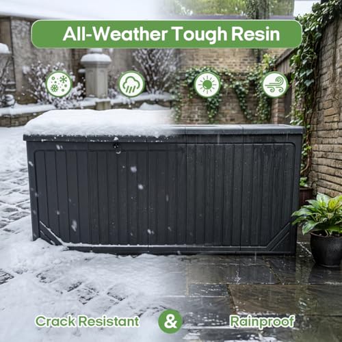 Image of 300 Gallon Outdoor Storage Deck Box, Extra Large Waterproof Resin Storage Box for Patio Cushions, Garden Tools, Pool Supplies, Outdoor Furniture Accessories, Black
