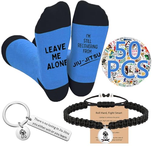 CORNER RUNNER Jiu Jitsu Gifts for Men - 4 Piece Set with BJJ Socks Bracelet Keychain Stickers -...