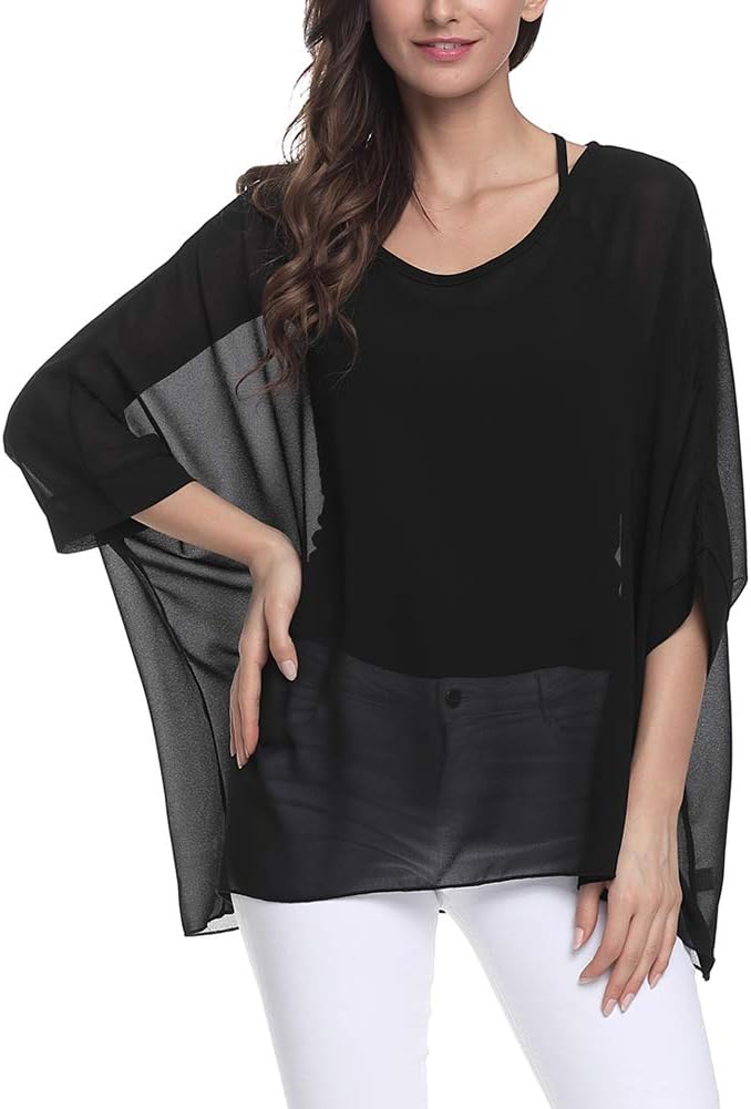 Ckikiou Plus Size Batwing Flowy Semi Sheer Chiffon Blouse Tunic for Women Summer Floral Print Boho Beach Cover ups - Image 2