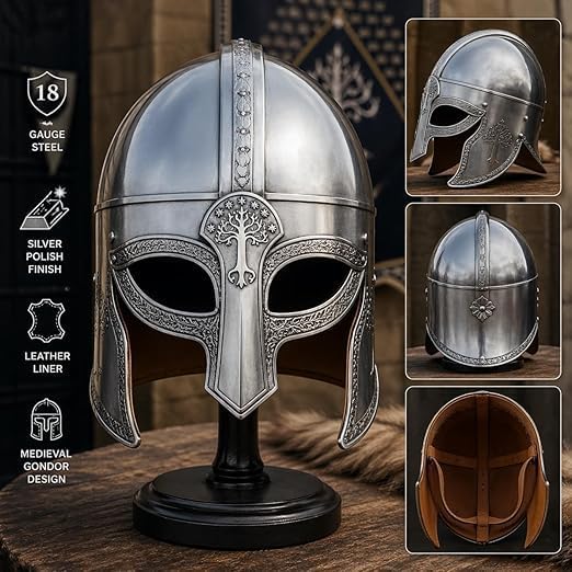 Helmet 18 Gauge Steel Silver Polished Armor with Leather Liner, Warrior Cosplay Helmet Adult Collectible