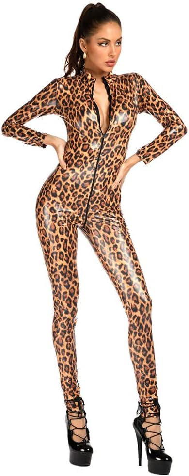 Women Sexy Jumpsuit PU Leopard Bodysuit Faux Leather Slim Fit Catsuit Zipper Long Sleeve One Piece Outfit Clubwear - Image 5