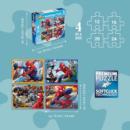 Ravensburger Marvel Spider-Man 4 in a Box Jigsaw Puzzles for Kids, 12, 16, 20 and 24 Piece Puzzle Set, Ages 3 Years and Up
