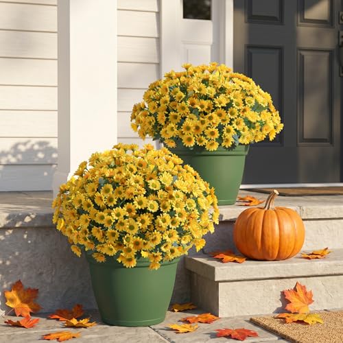 Image of HyeFlora Artificial Mums for Outdoors Fall Decor, 6 Bundles Fake Flowers UV Resistant Realistic Faux Flowers Bouquet Silk Flowers for Outside Planter Porch Patio Garden Yard Balcony Home, Yellow