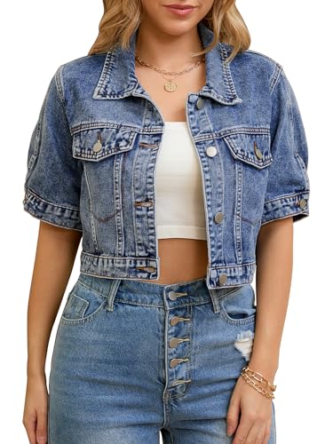 CIMUK Women's Short Sleeve Denim Jacket Trendy Classic Casual Summer