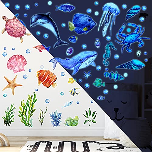 52 Pcs Ocean Fish Wall Decals Glow In The Dark Under The Sea Wall Decals Sea Animals Wall Stickers Removable Waterproof Peel And Stick For Kids Bathroom Watercolor Ocean Decor (Cute Style) #TOP3