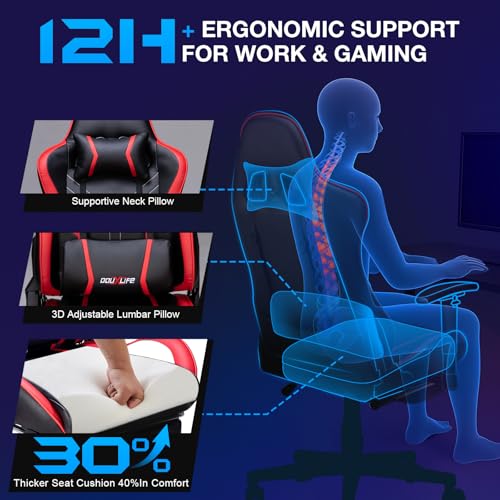 Image of Douxlife 7-Point Massage Gaming Chair with Footrest, 400lbs Heavy Duty Ergonomic Computer Chair, 175 Reclining High Back Racing Seat for Adults with Adjustable Armrests & Lumbar Support, Red