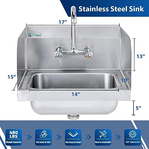 Chingoo Stainless Steel Sink With Faucet And Side Splash Commercial Wall Mount Hand Sink For Restaurant, Kitchen And Home, 17 X 15 Inches #TOP2