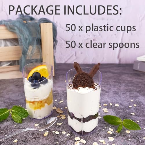 Legredic 50 Pack Mini Dessert Cups with Spoons, 3 oz Clear Plastic Parfait Appetizer Cups, Small Reusable Shooter Serving bowls for Tasting, Slanted Triangle Dessert Shot Glasses by Legredic - Used condition - Image 4