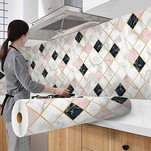 Image of FOKRIM Marble Wallpaper 45x300cm (14 SQFT) Sticker Wallpaper, Peel and Stick, Removable, Self-Adhesive, Waterproof, Decorative Wallpaper for Home, Kitchen, Bedroom, Office (Pink Check, 60x200)