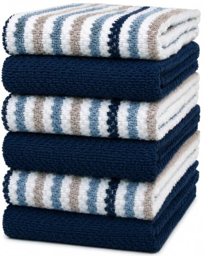 Premium Kitchen Towels (16”x 26”, 6 Pack) | Large Cotton Kitchen Hand Towels | Popcorn Striped Design | Dish Towels | 430 GSM Highly Absorbent Tea Towels Set with Hanging Loop | Blue