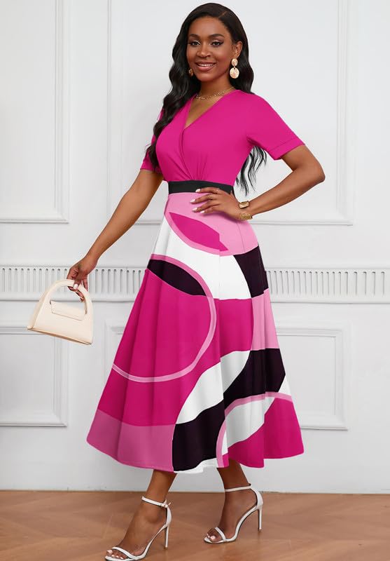 Image of MarryUP Women's Midi Dresses - V Neck Cocktail & Church Tea Dresses - Short Sleeve A-Line Swing Dress
