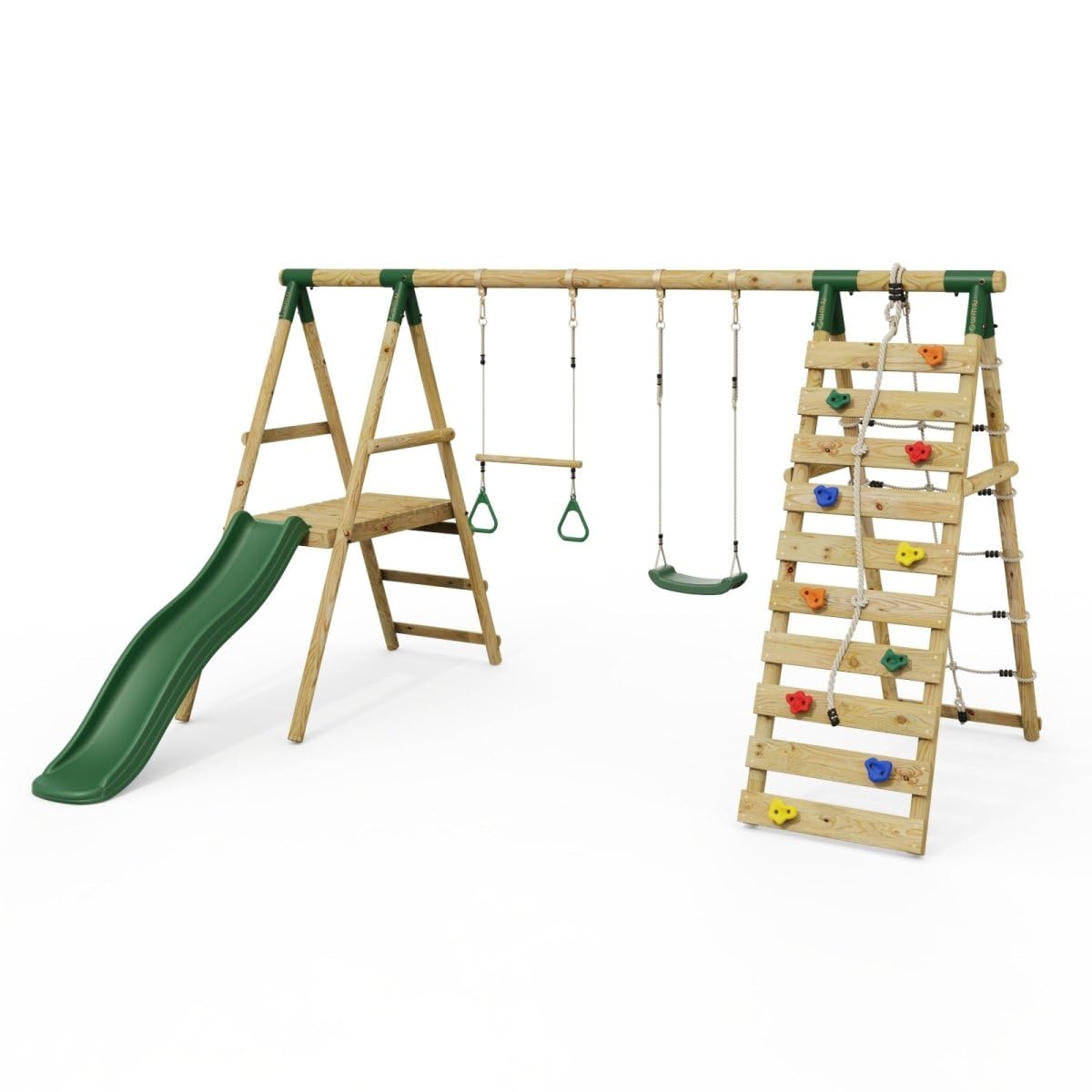 Rebo Wooden Swing Set with Trapeze, Climbing Wall & Slide - Green
