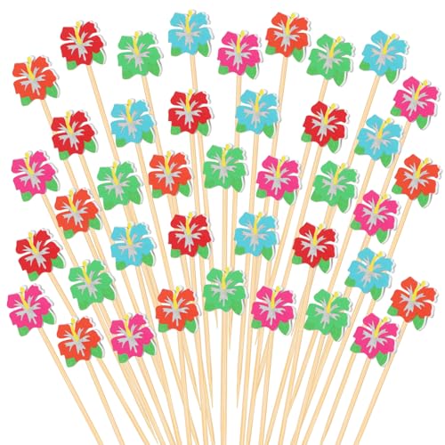 Pickmesh 400 Pcs Hawaii Cocktail Picks Bamboo Tropical Toothpicks Luau Cocktail Skewers for Drinks Decoration Beach Summer Food Fruit Party Supplies(Hawaiian Hibiscus)