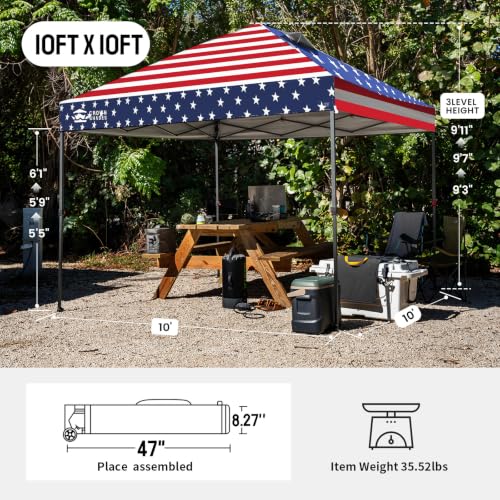 Image of CROWN SHADES 10x10 Pop Up Canopy - Patented Center Lock One Push Instant Outdoor Canopy Beach Tent with STO-N-Go Bag 8 Stakes & 4 Sand Bags，American Flag