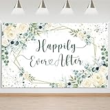 Mocsicka Happily Ever After Backdrop Banner for Wedding Bridal Shower Wedding Party Decorations Banner White Floral Green Leaves Photography Background Photo Props