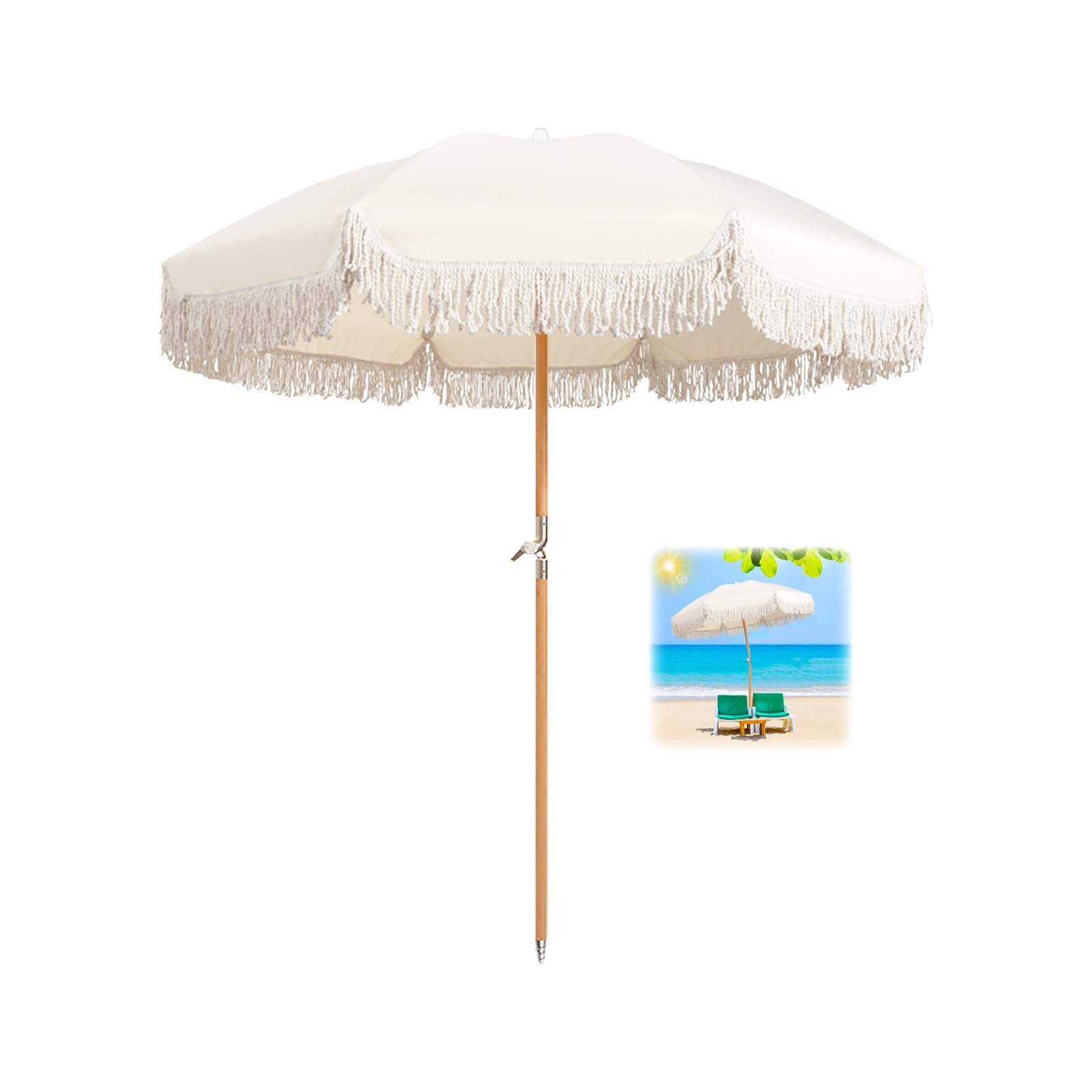 Blanco Sombrilla Jardin Con Flecos 180cm Sombrilla Terraza Protección UV50+ Parasol Terraza Exterior Inclinable Parasol Playa Antiviento Impermeable Con Bolsa De Transporte Para Terraza Exterior Balcó