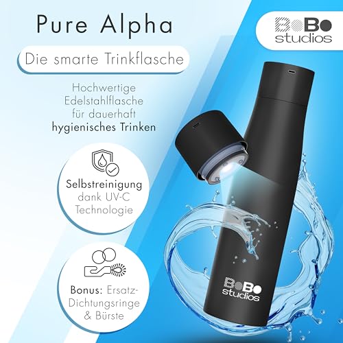 BoBo Studios® 500ml Smart Bottle Trinkflasche Isolierflasche aus Edelstahl, UVC Sterilisation gegen Bakterien Viren, 24 Std kalt, 12 Std heiß, Trinkerinnerung, Display, selbstreinigend, inkl. Zubehör