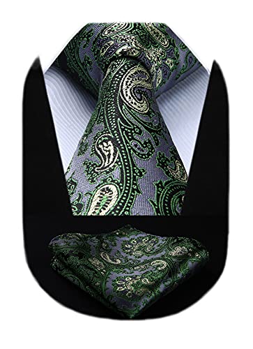 Image of HISDERN Extra Long Ties for Men Classic Floral Tie and Pocket Square Elegant Silk Necktie Handkerchief Set Wedding Party