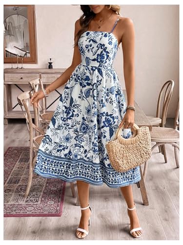 Floerns Women's Boho Floral Spaghetti Strap Dress Shirred Flared A Line Midi Dress3