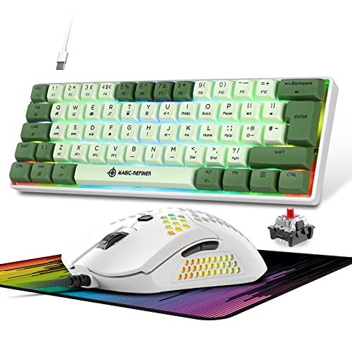 Magic-Refiner 60% Mechanical Gaming Keyboard and Mouse,Wired Compact PC Keyboard with Red Switch,RGB LED Backlit,OEM Dye Sublimation PBT Keycaps,12000DPI Lightweight Mouse,MousePad for Computer Laptop