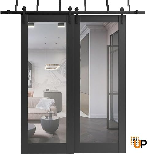 Lucia 1299 - Puertas corredizas de 84 x 84 pulgadas, color negro mate con espejo, juego de herrajes resistentes para rieles de 8 pies, puertas de