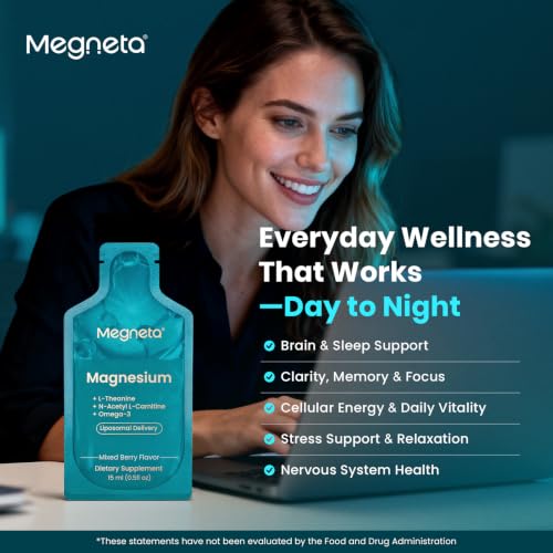 Image of Liquid Magnesium Supplement with L-Theanine, B6 & Omega-3, 15.2 fl oz | Liposomal Magnesium with 500 mg Acetyl L-Carnitine (ALCAR), Memory, Focus, Calm & Sleep Support, Sugar-Free, 30 Pouches