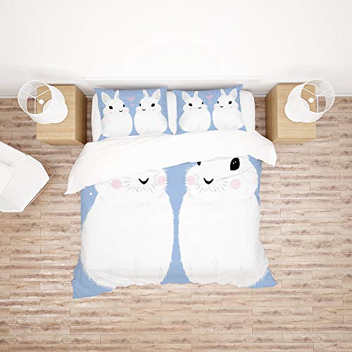 Housse de couette microfibre souple lit double drap motif lapin blanc maison - 3