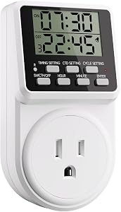 Techbee Digital Programmable Outlet Timer Plug Indoor Short Period Repeat Cycle Timer Switch with 24 Hour Countdown Delay ON/Off for Electrical Power (120V, 15A)