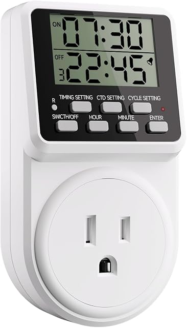 Techbee Détecteur de minuterie programmable numérique à courte période intérieure Interrupteur de temps de répétition avec 24 Délai de compte à rebours pour l'alimentation électrique (120V, 15A)