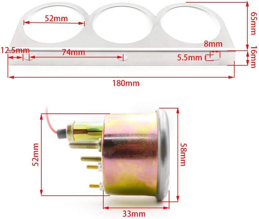 2'' Triple Gauge Kit Volt Gauge Water Temp Gauge Oil Pressure Gauge