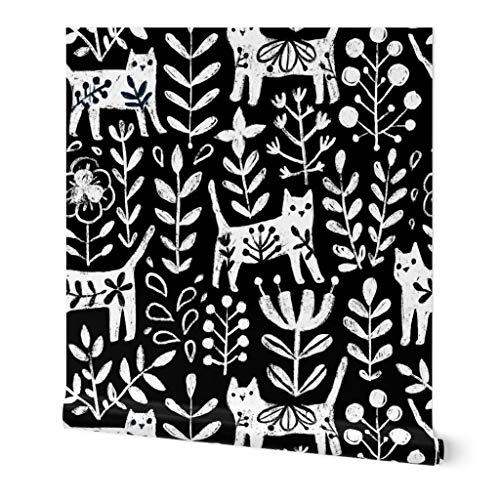 Spoonflower Peel & Stick Wallpaper 12ft x 2ft - Cat Black and White Floral Kitties Scandinavian Mod Vintage Style Custom Removable Wallpaper