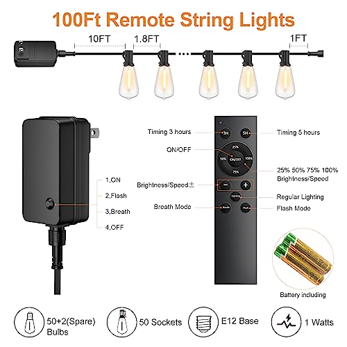 LaPitio 100FT Remote Outdoor String Lights for Outside, 50+2 LED Waterproof Shatterproof Edison Dimmable Timer Bulbs, 2500K Warm White Patio Lights for Garden Backyard Yard Hanging Lighting by LaPitio - Image 6