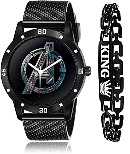 BID Fashion Analog Avengers Black Dial- Pu Strap & Black King Bracelet Combo Set for Men & Watch for Boys Pair of Watch and Bracelet (B09G6B9M2H) Amazon Price History, Amazon Price Tracker