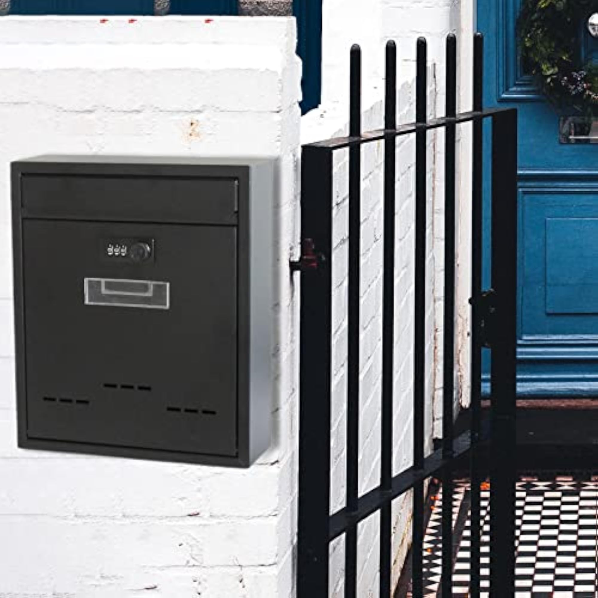 Large Wall Mount Mailbox with Code Lock, Rainproof Iron Postbox, Black
