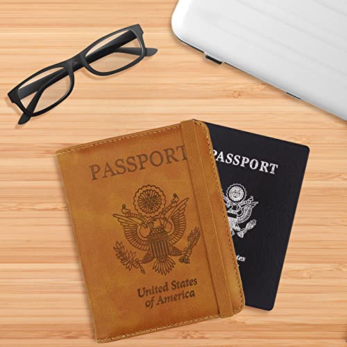 Image of WALNEW Passport Holder for Travel, RFID Passport Cover Wallet for Women Men, PU Leather Passport Book Card Holder Case with Pen (Elastic Band Closure, AA-Brown+Blue)