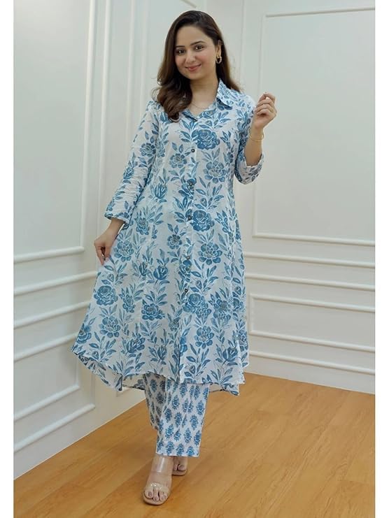 Image of GRECIILOOKS Kurta Sets women stylish | Kurta's Set | Woman Ethnic Co-Ord Set | Women's Straight Printed Kurta with Pant | Festive Indian Traditional Outfit Dress for Functions & Puja | 3 /4 Half Sleeve
