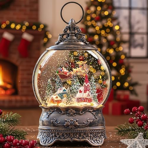 Christmas Snow Globe Lantern with Santa Claus Flying Reindeer, Li...