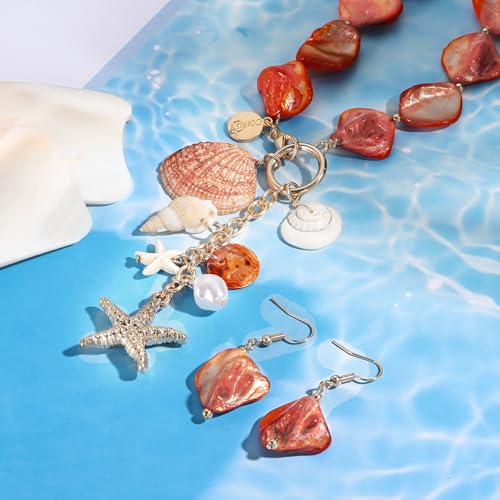 Image of Coiris Natural Seashell Choker Necklaces Earrings Jewelry Set for Women Starfish Shell Freshwater Pearl Collar Necklaces for Women Irregular Mother of Pearl Jewelry Set