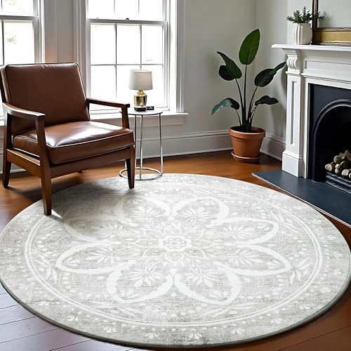 Image of Carvapet Round Rugs Circle Rug - Vintage 60 inch Washable Non Slip Rubber Backing Foldable Low Pile for Living Room Bedroom, 5ft Grey Rug